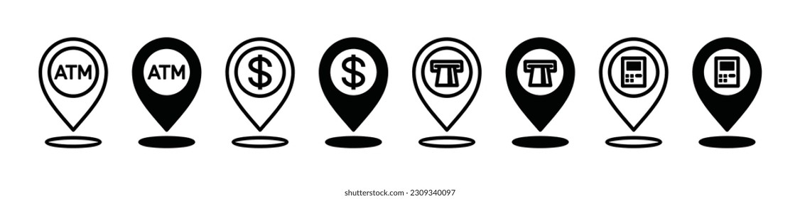 ATM location icon. Bank pin map markers icon symbol in line and flat style on white background with editable stroke for apps and websites. Vector illustration