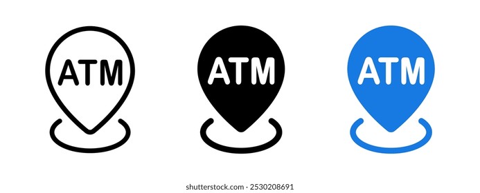 ATM location icon. Money withdrawal machine pin. Cash payment symbol. Automated teller machine pointer. Financial banking navigation map vector illustration. ATM sign. Cash currency pictogram isolated