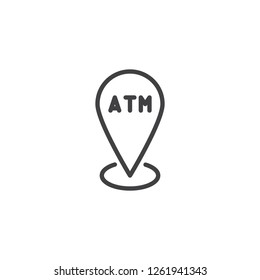 ATM location pin outline icon. linear style sign for mobile concept and web design. atm map pointer simple line vector icon. Symbol, logo illustration. Pixel perfect vector graphics