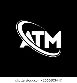 ATM-Logo. Logo-Design für ATM-Buchstaben. Initialen ATM-Logo mit Kreis und Großbuchstaben-Monogramm-Logo verbunden. ATM Typografie für Technologie, Business und Immobilien Marke.