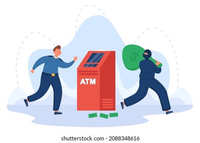 ATM machine attack by bandit, security guard running after thief. Male criminal robber character in mask stealing bag of money from bankomat flat vector illustration. Robbery, financial crime concept