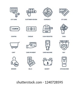 Atm machine, Basket, Bills, Broker, Buy, Cut card, Coupon, Cart, Cash register outline vector icons from 16 set