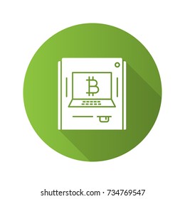 ATM machine with bitcoin sign flat design long shadow glyph icon. Cryptocurrency bank cash machine. Vector silhouette illustration
