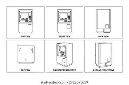 Modelo de la máquina del cajero automático, diversas vistas, lado, frente, parte posterior, parte superior y perspectiva. Dibujo de Vector aislado sobre fondo transparente.