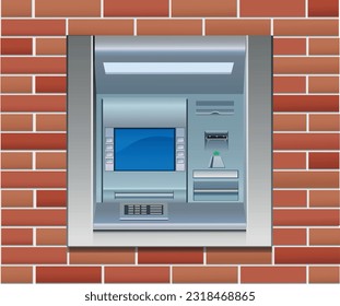 ATM machine in a brick wall close-up. Vector flat illustration
