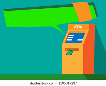 Atm machine with bubble on green background in trendy flat style. Withdrawing banknotes.  Vector illustration.