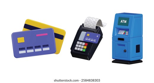 Atm machine with Atm card and Pos machine icon 3d render concept of digital payment system online payment card icon set vector illustration