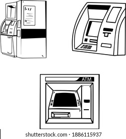 Maquinaria ATM vectorial e ilustración, negro y blanco, dibujado a mano, estilo de esbozo, aislado en fondo blanco