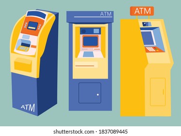  Máquina Atm. Dinero en efectivo. Diseño plano de ilustración vectorial.