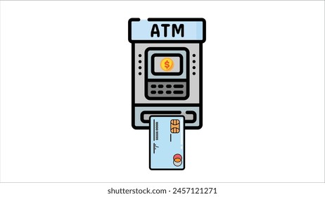 ATM machine with credit card attached. Suitable for finance, banking, security concepts in web design, presentations, articles, and marketing.