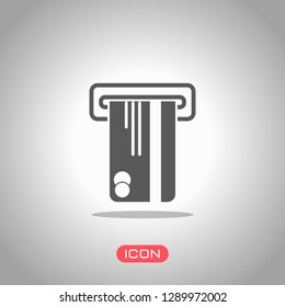 ATM machine and credit card icon. Icon under spotlight. Gray background