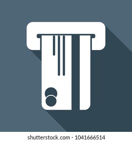 ATM machine and credit card. simple silhouette. White flat icon with long shadow on background