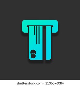 ATM machine and credit card. simple silhouette. Colorful logo concept with soft shadow on dark background. Icon color of azure ocean