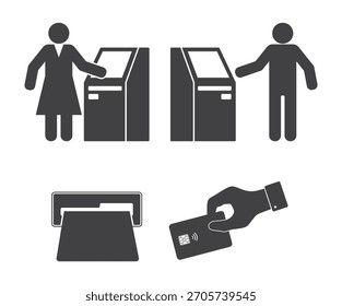 ATM machine with customer people man and woman. Bank dibit card in hand finance icon set.