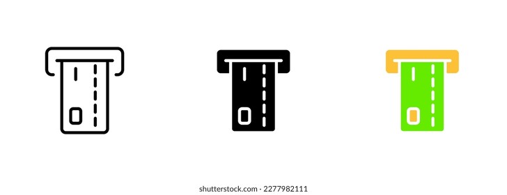 An ATM machine dispensing US dollars, with a user inserting a bank card and entering a PIN number. Vector set of icons in line, black and colorful styles isolated.