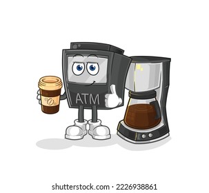the ATM machine drinking coffee illustration. character vector