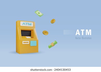 ATM machine. Financial, banking and online shopping payment. 3D vector cartoon character.