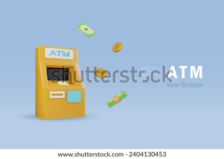 ATM machine. Financial, banking and online shopping payment. 3D vector cartoon character.