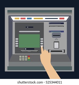 ATM machine with hand, payment and withdrawing money from credit card.