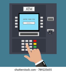 máquina atm, la mano está escribiendo código pin 