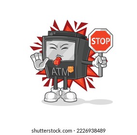 the ATM machine holding stop sign. cartoon mascot vector