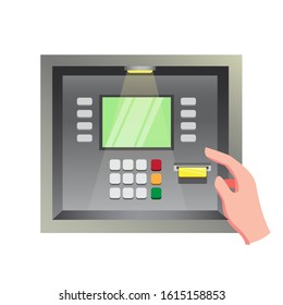 atm machine with human hand, banking transaction realistic flat cartoon illustration vector