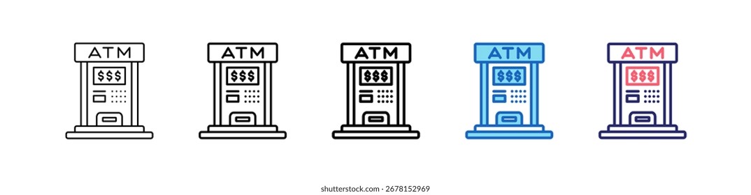 Geldautomat Symbol in 5 verschiedenen Stilen Set Sammlung.