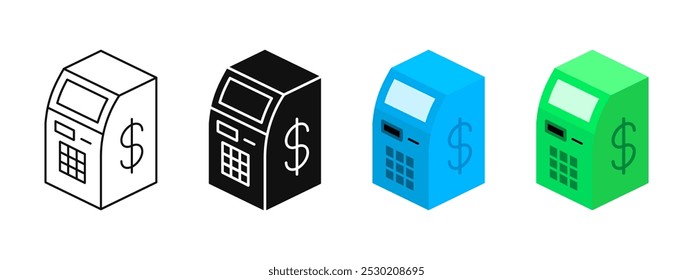 Icono de la máquina ATM. Ilustración vectorial de cajero automático. Símbolo bancario de cajero automático. Signo de retiro de dinero. Pictograma del terminal de pago. Concepto aislado de dispensador de efectivo ATM isométrico.