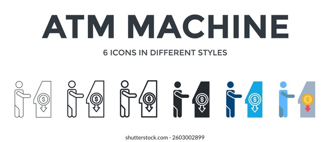 Atm Machine Icon In Different Style Vector Illustration. Designed In Thin Line, Regular Line, Bold Line, Glyph, Color Fill, And Flat Style Can Be Used For Web