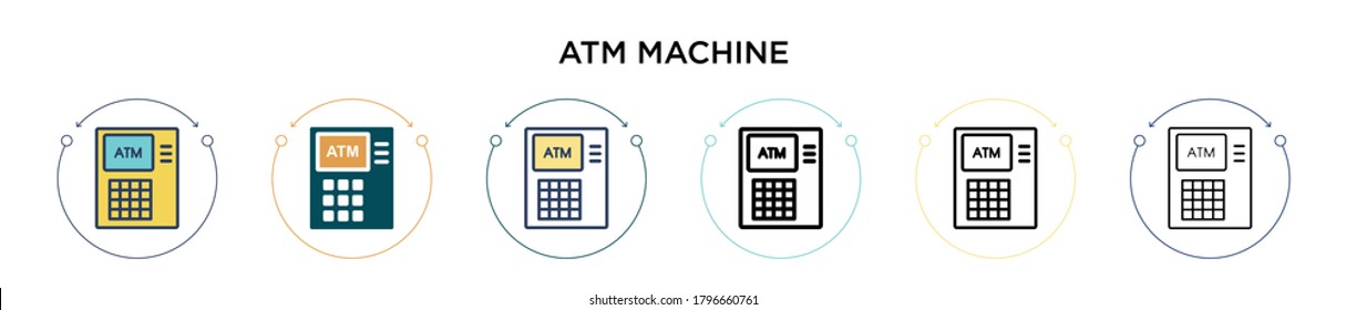 Atm machine icon in filled, thin line, outline and stroke style. Vector illustration of two colored and black atm machine vector icons designs can be used for mobile, ui, web