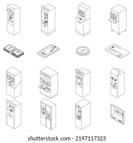 Atm machine icons set. Isometric set of atm machine vector icons outline thin lne isolated on white