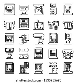 Atm machine icons set. Outline set of atm machine vector icons for web design isolated on white background