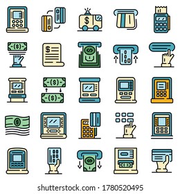 Atm machine icons set. Outline set of atm machine vector icons thin line color flat on white