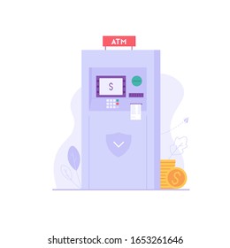 Cajero automático aislado con dinero. Cajero automático. Concepto de banca, retiro de cajero automático, servicio de banco digital. Ilustración vectorial en diseño plano para UI, banner web, aplicación móvil
