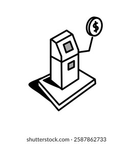 ATM machine  with isometric icon. Sign and symbol. Vector line art, clip art, minimalist simple outline. Hand drawing technology illustration. Sticker print design