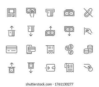 Atm machine line icon set. Withdraw money, deposit, hand taking cash, receipt minimal vector illustration. Simple outline signs for payment terminal application. Pixel Perfect. Editable Strokes. - Shutterstock ID 1761130277