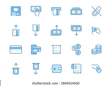 Atm machine line icon set. Withdraw money, deposit, hand taking cash, receipt minimal vector illustration. Simple outline signs for payment terminal application. Blue color, Editable Stroke.