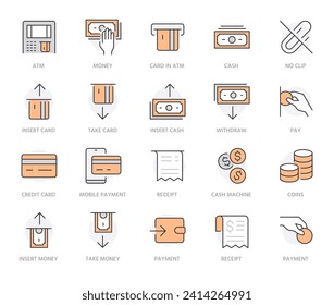 Symbol der ATM-Maschinenlinie gesetzt. Entnehmen Sie Geld, Einzahlung, Hand nehmen Bargeld, Quittung minimale Vektorgrafik. Einfache Rahmenzeichen für die Zahlungsterminalanwendung. Orangefarbene Farbe. Bearbeitbare Schlaganfälle