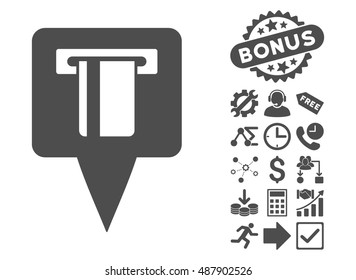 Atm Machine Map Pointer icon with bonus pictures. Vector illustration style is flat iconic symbols, gray color, white background.