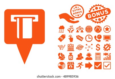 ATM Machine Map Pointer icon with bonus pictogram. Vector illustration style is flat iconic symbols, orange color, white background.