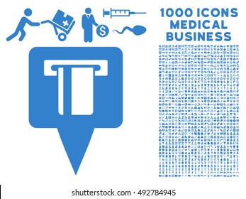ATM Machine Map Pointer icon with 1000 medical commercial cobalt vector pictograms. Set style is flat symbols, white background.