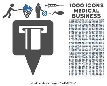 ATM Machine Map Pointer icon with 1000 medical commerce cobalt and gray vector pictographs. Set style is flat bicolor symbols, white background.