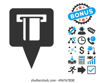 Atm Machine Map Pointer icon with bonus pictures. Vector illustration style is flat iconic bicolor symbols, blue and gray colors, white background.