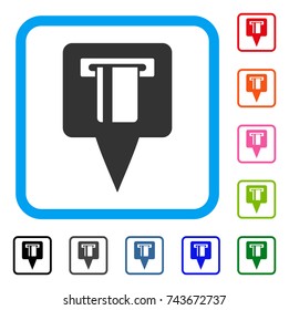 ATM Machine Map Pointer icon. Flat grey pictogram symbol inside a blue rounded rectangle. Black, gray, green, blue, red, orange color versions of ATM Machine Map Pointer vector.