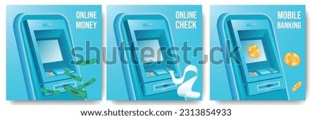Atm machine mobile banking online money and check realistic set isolated vector illustration