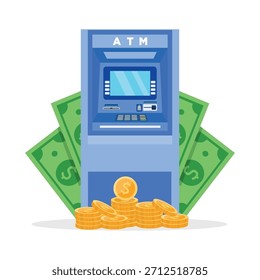 Máquina ATM con diseño de estilo plano de Ilustración vectorial de dinero y monedas. Retiro de efectivo.