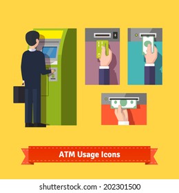 ATM machine money deposit and withdrawal. Payment using credit card. Flat icon set. EPS 10 vector.