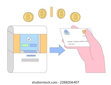 ATM machine money transfer or withdrawal vector illustration. Automated teller machine with cash. People perform a transaction or fund transfer at an ATM. Banking technology. 