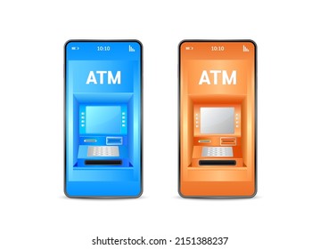 ATM machine on smartphone with online payment app. Secure mobile banking finance concept. Money transfers financial transactions. Phone with mobile orange, blue isolated on white background. Vector.