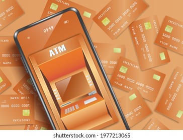 ATM machine on smartphone is placed on top of several credit cards,Vector 3d illustration template for online financial transactions on a smartphone application